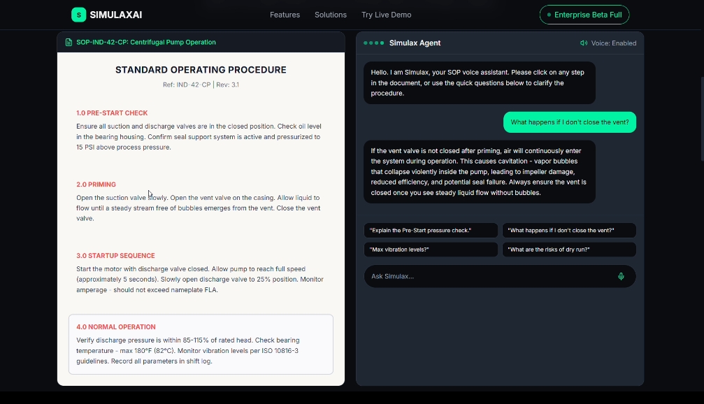 SimulaxAI voice-guided SOP training interface